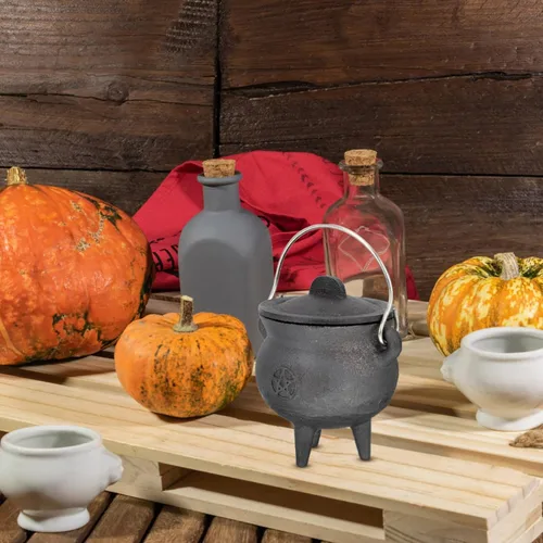 Miniatura 8 de DOITOOL Caldero de hierro fundido con tapa y asa, caldero de bruja de Halloween, olla de bruja negra para manchar, quemar incienso, decoración