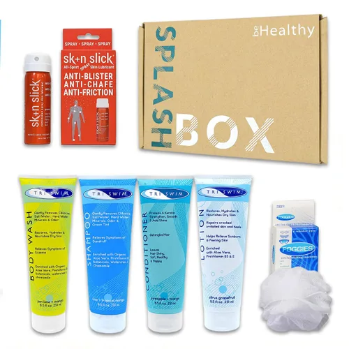 TRISWIM Serious Swimmers Splash Box | Lavado corporal después de nadar + champú y acondicionador para nadadores + loción | Spray antirozaduras para
