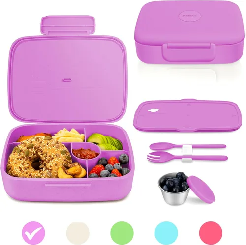 Miniatura 9 de Lonchera Bento, contenedor de almuerzo de 5 compartimentos para niños y adultos con taza de aperitivos, cajas de fibra de trigo ecológicas con doble