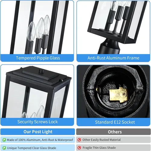 Miniatura 8 de Luz de poste de 16.6 pulgadas para exteriores, lámpara grande de 3 luces, moderna iluminación exterior de pilar impermeable, poste de farol