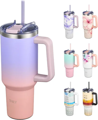 Miniatura 13 de THILY Vaso de 40 onzas de acero inoxidable con asa - Taza de viaje con aislamiento al vacío, tapa a prueba de salpicaduras y a prueba de fugas, 2