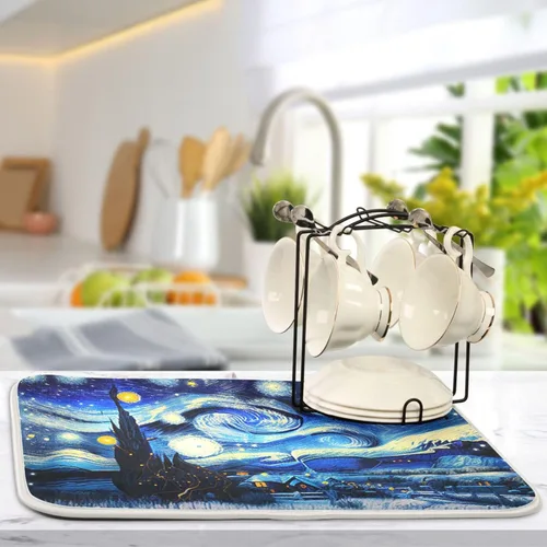 Miniatura 5 de Vnurnrn Tapete de secado nocturno de platos estilo Van Gogh para encimera de cocina, tapete escurridor de platos de microfibra, absorbente de secado