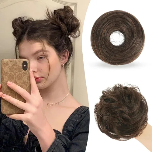 Miniatura 9 de Sofeiyan 2 piezas de extensión de cabello rizado ondulado en forma de moño desordenado, mini moño desordenado con banda elástica, peluca sintética