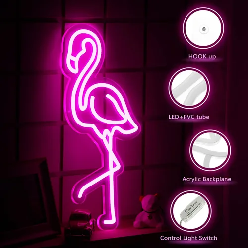 Miniatura 3 de ROCEEI Letrero de neón LED de flamenco tropical, luces de neón alimentadas por USB, letrero de arte de pared para decoración de Navidad, habitación