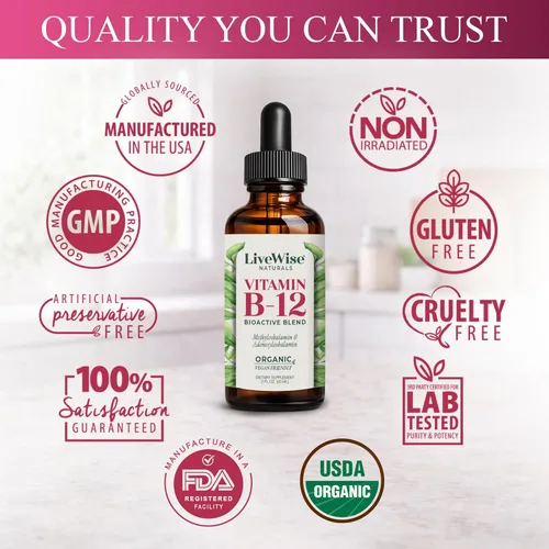 Miniatura 6 de Vitamina B12 Sublingual líquida – Gotas veganas de vitamina B12 líquida totalmente natural – Suplemento de adenosilcobalamina sin OMG