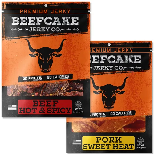 Miniatura 6 de BeefCake Jerky Paquete Clásico de Cecina de Res, Incluye Cecina de Res Sabor Tradicional Pimienta y Original, 9 Gramos de Proteína y 100 Calorías
