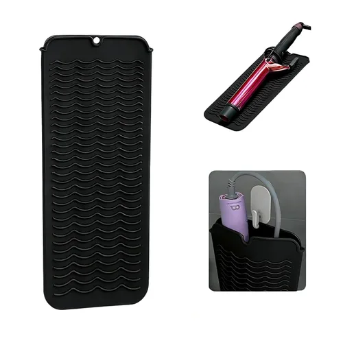 Miniatura 14 de Alfombrilla de silicona resistente al calor con agujero para colgar, alfombrilla de viaje y bolsa resistente al calor para rizador, plancha Gris