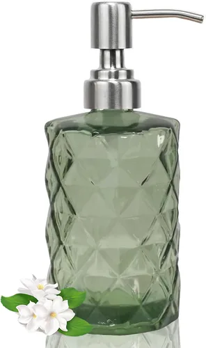 Miniatura 10 de Dispensador de jabón verde de 14 onzas para baño, paquete de 2, dispensadores de jabón de manos de vidrio transparente con bomba de acero