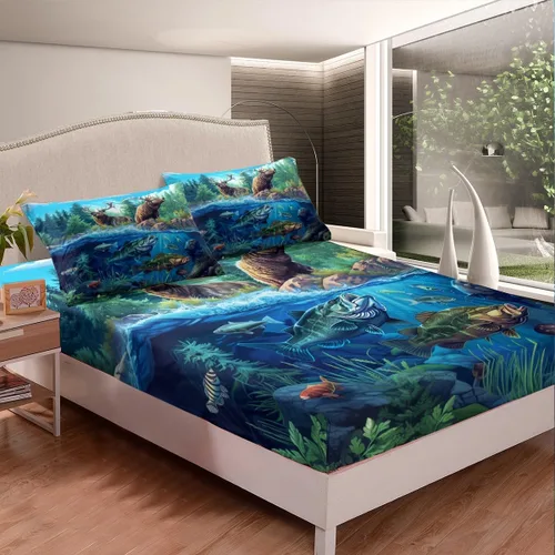 Miniatura 2 de Juego de sábanas bajeras de alce salvaje, tamaño individual, juego de ropa de cama rústica de pino de pesca con peces de Basa, decoración