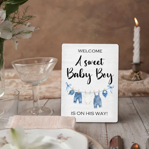 Miniatura 4 de Letrero azul de bienvenida para baby shower, mesa de ducha de niños y bebés, soporte de madera de 5 x 7 pulgadas, decoración de «A Sweet Baby Boy Is