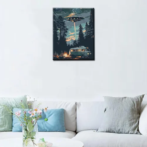Miniatura 4 de Tucocoo - Kit de pintura al óleo por números para adultos, UFO estrellado DIY, autobús en el bosque, pintura acrílica, arte de luna y estrellas