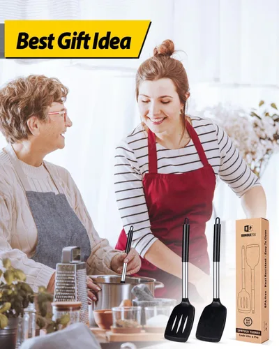 Miniatura 7 de Paquete de 2 espátulas de cocina de silicona sólidas, antiadherentes, utensilios de cocina sin BPA, resistentes al calor, utensilios de cocina Negro