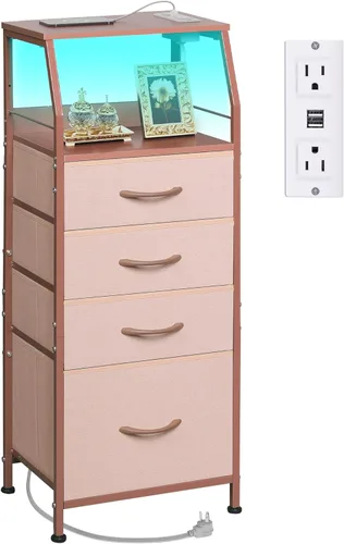 Miniatura 8 de WLIVE Mesita de noche con estación de carga, mesita de noche LED con 4 cajones de tela y estante de almacenamiento, cómoda alta para dormitorio