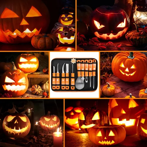 Miniatura 7 de Kit de tallado de calabaza, herramientas de Halloween, juego profesional de tallado de 10 piezas, acero inoxidable de doble cara, herramienta