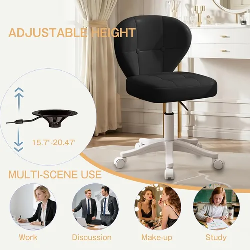 Miniatura 3 de Silla pequeña de oficina con soporte lumbar, silla de escritorio giratoria sin brazos de piel sintética de altura ajustable, silla compacta con Negro