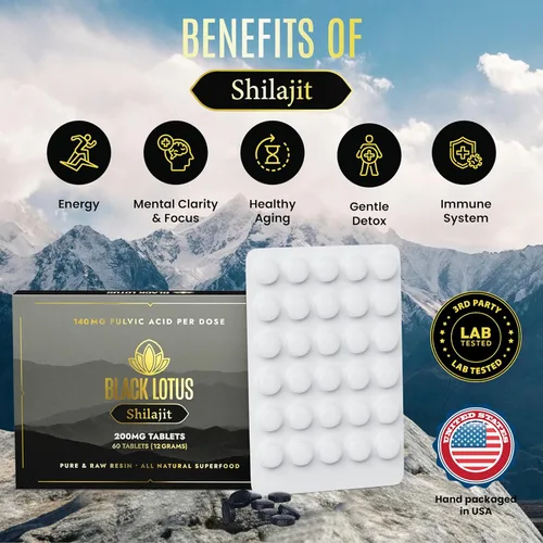 Miniatura 2 de Black Lotus Shilajit Tabletas de resina, 60 unidades, 200 mg cada uno, 100% Shilajit natural puro para hombres y mujeres con aminoácidos, 140 mg
