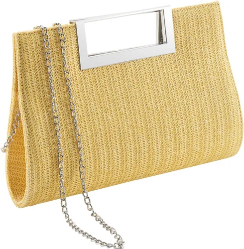 Miniatura 10 de WALLYN'S Bolso de mano para mujer, piel sintética, paja, fiesta de noche, agarre de metal, con correa de cadena para el hombro