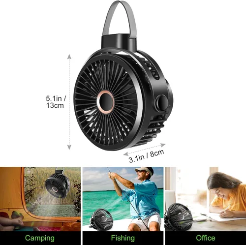 Miniatura 6 de Odoland Paquete de 2 ventiladores recargables de 10000 mAh con gancho para colgar, ventilador portátil a batería, flujo de aire fuerte y silencioso