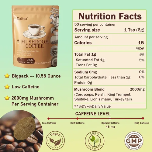Miniatura 2 de Café de hongos, 10.58 onzas de café instantáneo de hongos adaptogénicos en polvo, melena de león, reishi, cola de pavo, cordyceps, trompeta King