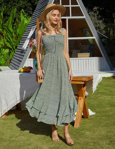 Miniatura 8 de GRACE KARIN - Vestido bohemio y floral de verano para mujer, con cuello cuadrado y tirantes, acampanado, largo, atuendo para la playa