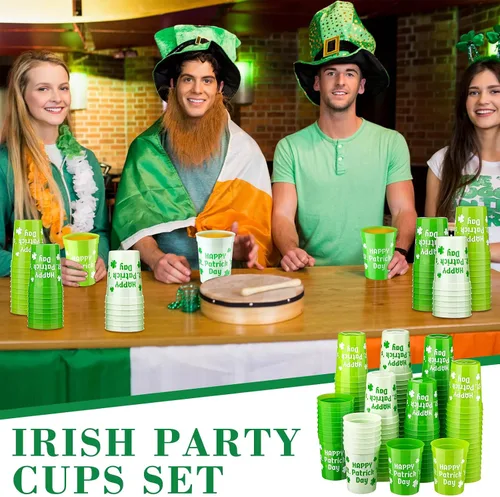 Miniatura 7 de Maxcheck 120 vasos de plástico desechables para fiesta del día de San Patricio a granel, feliz día de San Patricio, 10 onzas, trébol irlandés