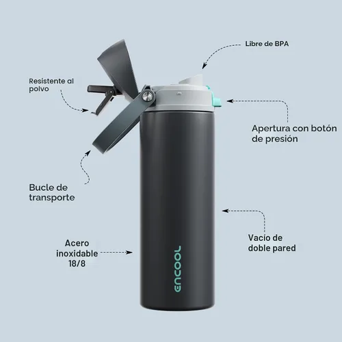 Miniatura 4 de ENCOOL Botella de agua aislada con popote, botella de agua de acero inoxidable con tapa de botón, a prueba de fugas y sin BPA, mantiene el frío Atún