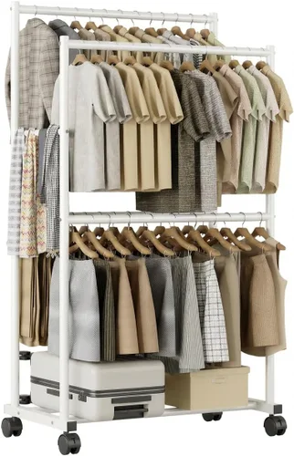 Miniatura 10 de Perchero de ropa de 36.2 x 21.3 x 72 pulgadas, 4 barras de doble barra de metal con ruedas para colgar ropa, perchero portátil con ruedas para Negro