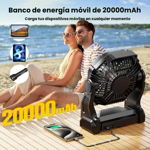 Miniatura 6 de Ventilador Solar de 20000mAh con Farol LED, Panel Solar Recargable de 10W, Ventilador de Camping Alimentado por Batería para Exteriores, de 9