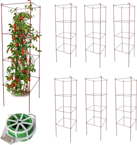 Thealyn Jaulas de tomate 6 paquetes de 46 pulgadas de alto, soporte para plantas con lazos torcidos de 164 pies, soporte resistente para plantas de