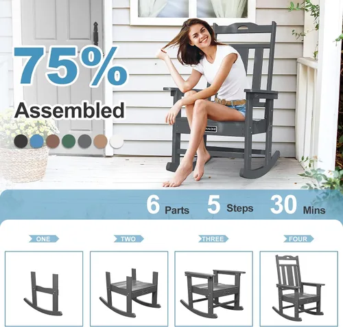 Miniatura 5 de nalone Juego de sillas mecedoras para exteriores de 2 piezas, silla mecedora resistente a todo clima de HDPE para porche, silla mecedora de patio