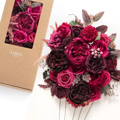 Miniatura 13 de Ling's moment Caja de Flores Falsas, Tallos de Vegetación Artificial Falsa, Rosas de Espuma, Gardenias, Hortensias de Seda, Ranúnculos, Flor de Tela