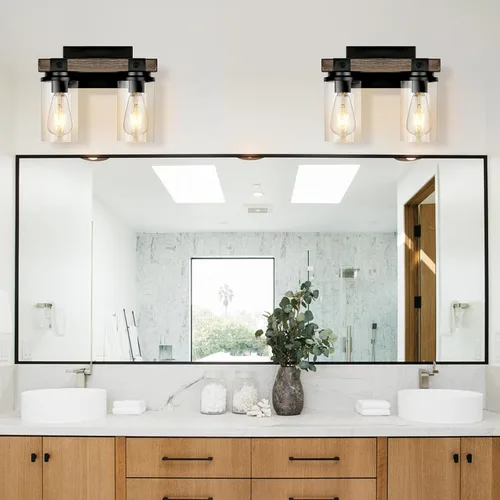 Miniatura 7 de Lámpara de Baño Estilo Granja de Madera Negra, Iluminación de Tocador de 2 Luces, Aplique de Pared de Madera, Accesorio de Pared Industrial Rústico
