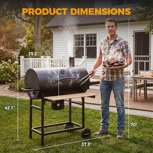 Miniatura 3 de MASTER COOK Parrilla de carbón de barril con estante frontal plegable de madera, 686 pies cuadrados área de cocina al aire libre, termómetro