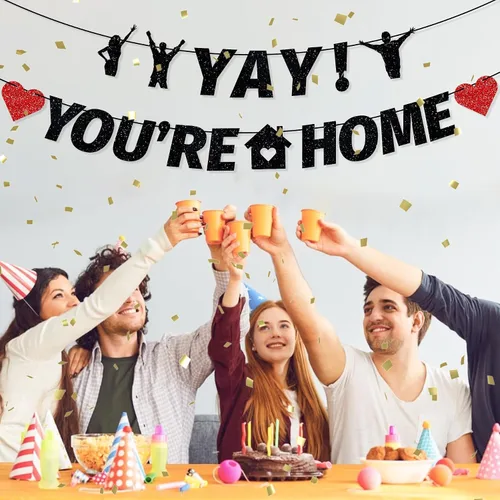 Miniatura 2 de Cartel preencordado "Yay! You're Home", decoración de bienvenida para el hogar con purpurina para el ejército militar, fiesta de regreso a casa