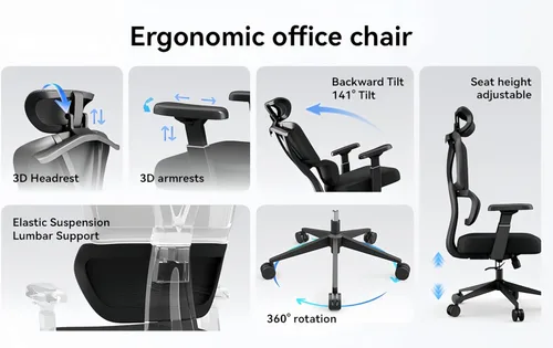 Miniatura 4 de Silla de oficina ergonómica de 400 libras de capacidad, silla de escritorio de malla con soporte lumbar, reposabrazos 3D, reposacabezas ajustable