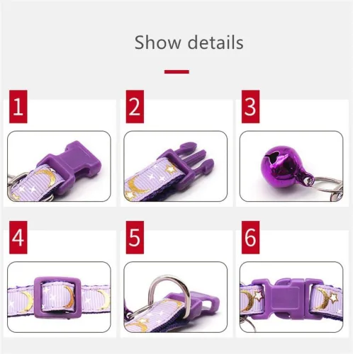 Miniatura 7 de Collar reflectante para gato, 5 collares de gato separables con lunas de campana, estrellas, lindo gatito, ajustable, de 7.5 a 12.5 pulgadas