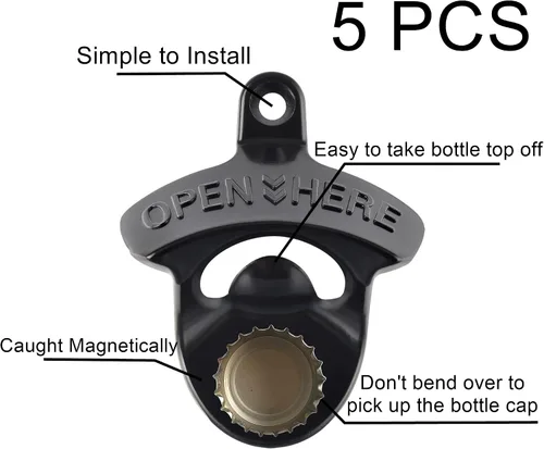 Miniatura 2 de Abrebotellas de cerveza magnética negra para montar en la pared, con imanes incrustados, 5 unidades Negro