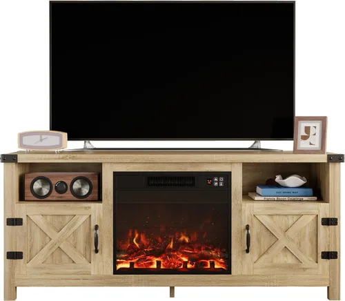 Miniatura 10 de Furmax - Soporte de TV con chimenea para televisor de 65 pulgadas, centro de entretenimiento con gabinetes de almacenamiento y 2 estantes abiertos