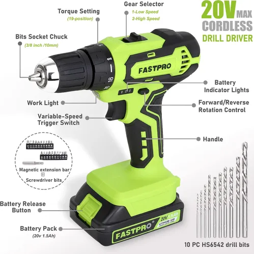 Miniatura 2 de FASTPRO Juego de taladro inalámbrico máximo de 20 V, kit de destornillador de taladro eléctrico de 3/8 pulgadas con batería de 1.5 Ah, cargador
