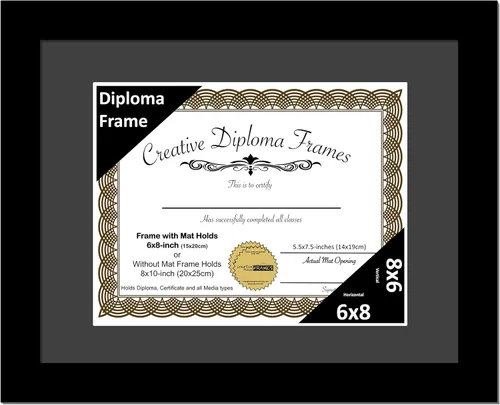 Creative Picture Frames Marco clásico negro para diploma de 6x8 con paspartú negro, vidrio y caballete con ganchos de pared incorporados | El marco