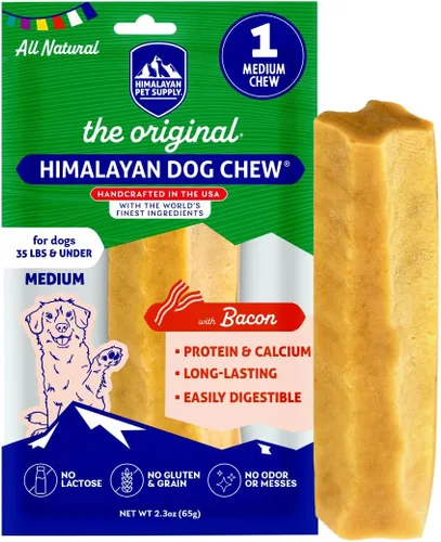 Himalayan Dog Chew Original Yak Cheese Chew, tocino, 1 barra mediana, 2.3 onzas, sin gluten, golosinas saludables, sin granos ni lactosa, 100%