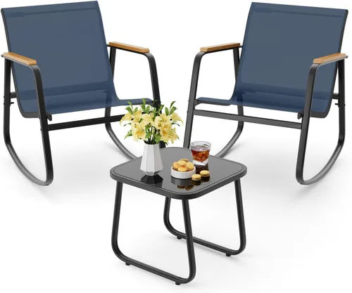 Miniatura 13 de Aiho Juego de Bistró Mecedor de 3 Piezas, Juego de Muebles de Patio de Tela Textilene, Sillas Mecedoras de Porche Delantero con Mesa de Café