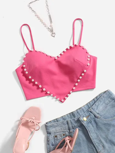 Miniatura 5 de WDIRARA Camisola sexy sin mangas con dobladillo asimétrico y perlas para mujer