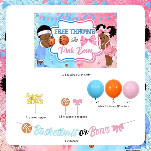 Miniatura 6 de Decoraciones de baloncesto o moños para revelación de género – telón de fondo de mantas gratis o lazos rosados, pancarta, decoración de pastel