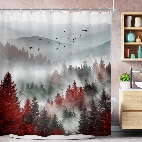Miniatura 32 de Riyidecor - Cortina de ducha para baño pequeño de montaña, 36 pulgadas de ancho x 72 pulgadas de alto, verde, para RV, temática rústica, naturaleza