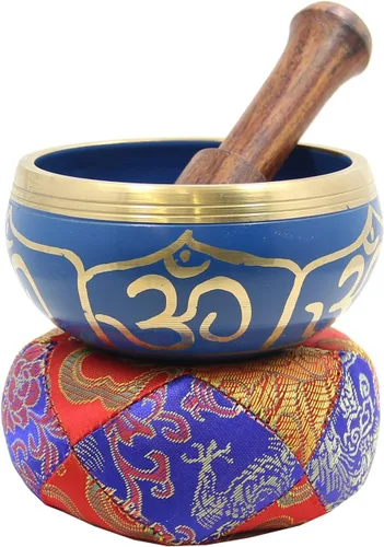 DharmaObjects - cuenco para cantar el Om de la paz, para meditación relajante de yoga. Juego de almohadilla de seda, juego de martillo de Azul