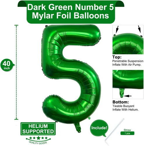 Miniatura 2 de Globo de 40 pulgadas color verde oscuro número 5 gigante, de papel de aluminio de Mylar gigante, globos de helio verde oscuro para fiestas