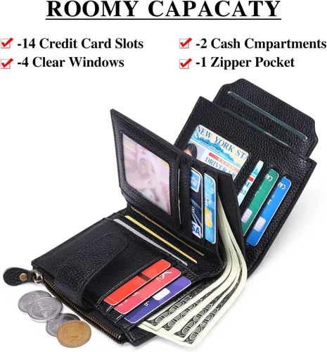 Miniatura 2 de FALAN MULE - Cartera de cuero auténtico para mujer, pequeña, plegable y compacta, con bloqueo de interferencia de radiofrecuencia (RFID)
