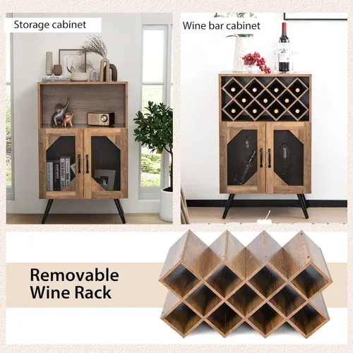 Miniatura 5 de Giantex Armario de bar de vinos de granja, estante para 11 botellas, gabinete de buffet con almacenamiento, aparador de cocina industrial, diseño