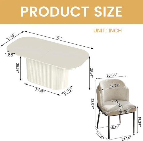 Miniatura 2 de Guyii Juego de 5 mesas de comedor de 70 pulgadas con 4 sillas, color blanco crema, juego para 4 mesas de comedor moderno para comedor, restaurante